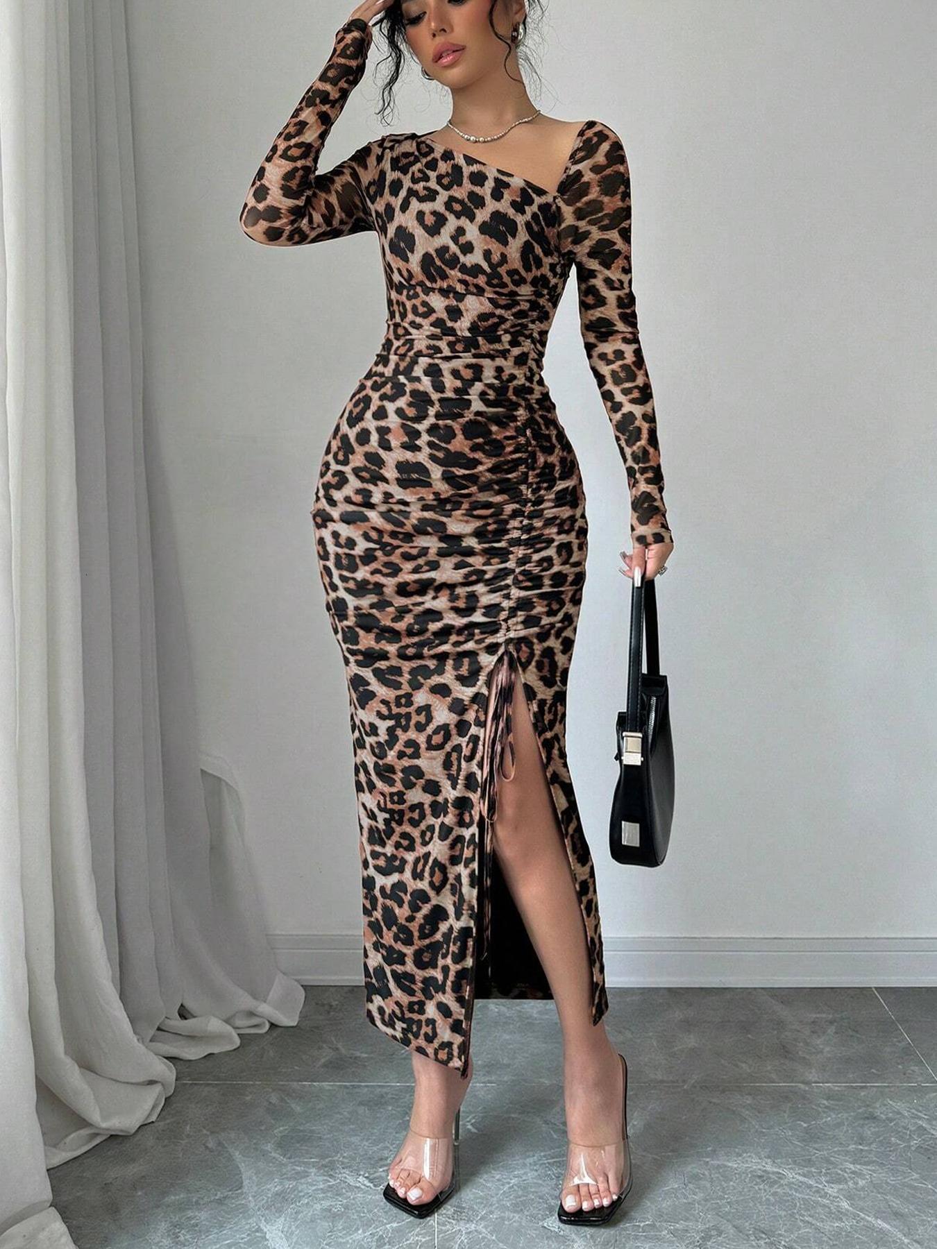 Leopard Print Round Neck Sexy Bodycon Long Dress For Women Long Dress Backless Summer Dresses Spring Autumn Party Club Vestidos 240819