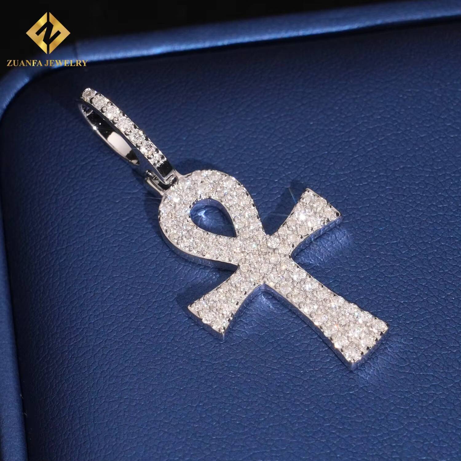Luxury High-end S925 Sterling Silver VVS Moissanite Ankh Cross Pendant Rope Chain Pendant