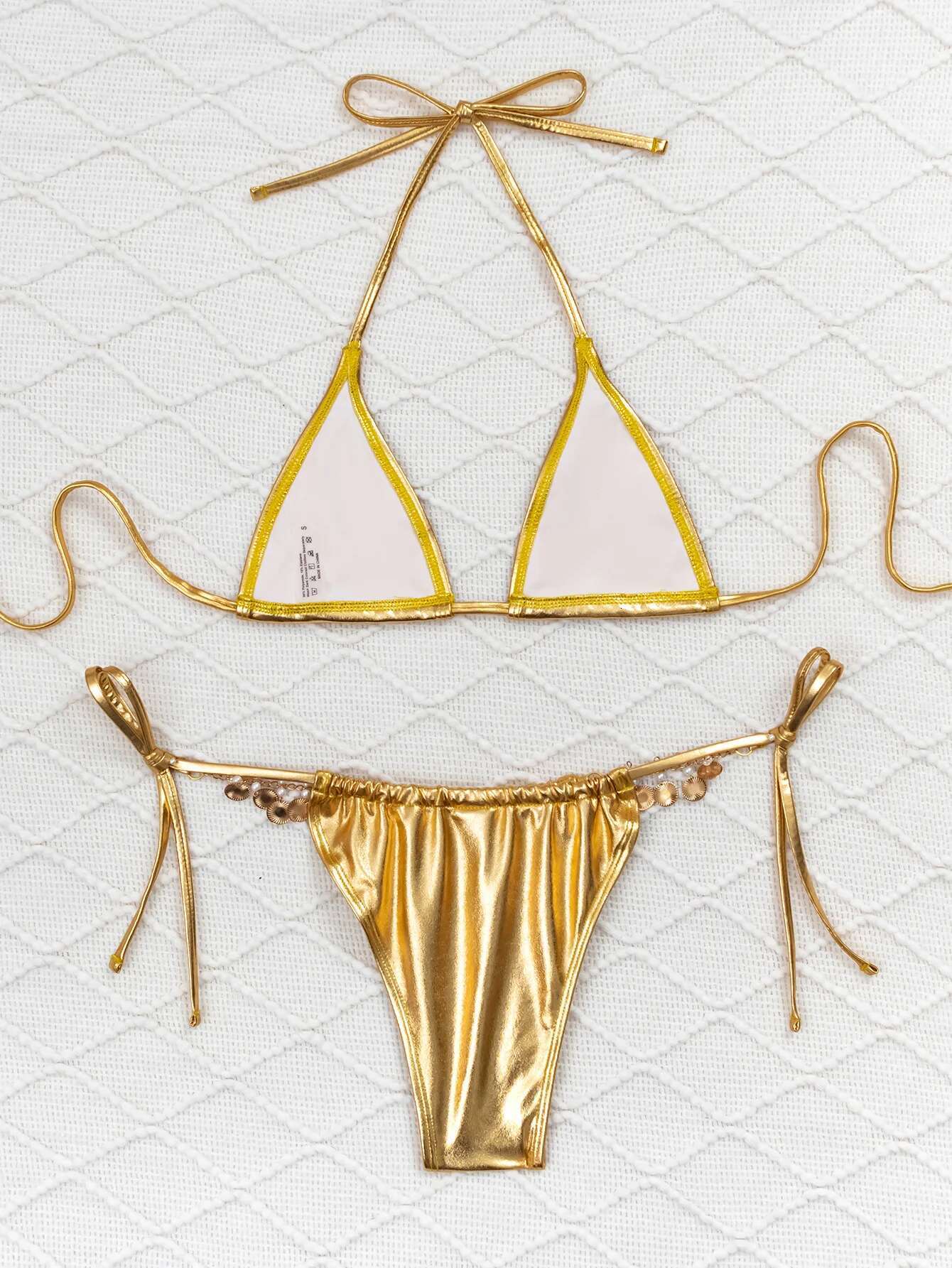 Dongdumaoyi Luxury Rhinestone Bikini Women Sexy Gold Pleate Push Up Micro Swimsuit Brazilian Beach Bathing Suit Diamond Thong Swimwear