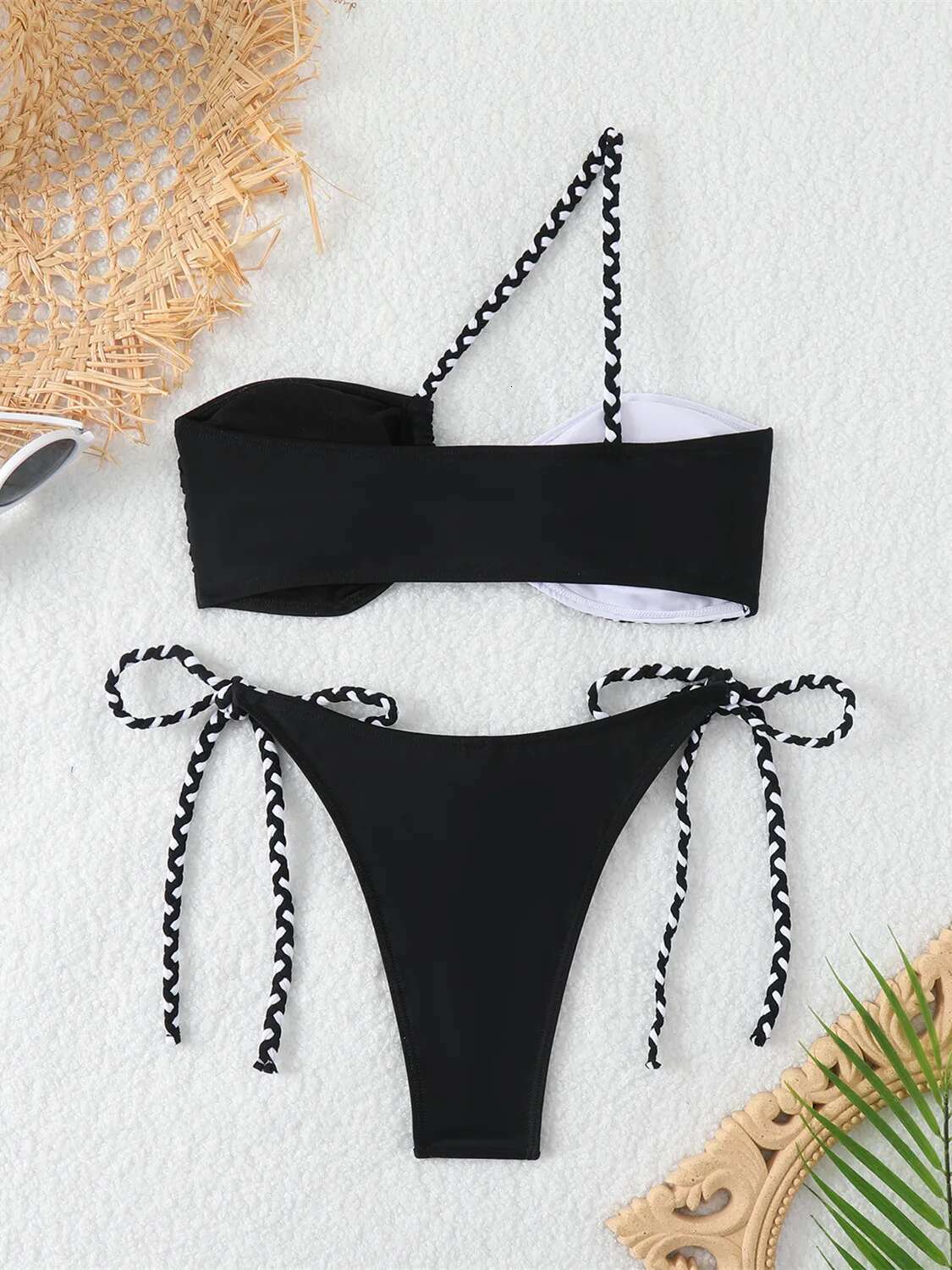 Dongdumaoyi Sexy One Shoulder Bikini Women Black White Patchwork Weaving Rope Push Up Micro Swimsuit Beach Bathing Suit Thong Swimwear