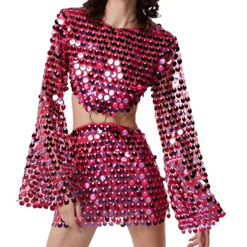 2025 Spring Summer New Fashion Solid Color Sequined Flare Sleeve Women's Sexy O-Neck Irregular Mini Dress