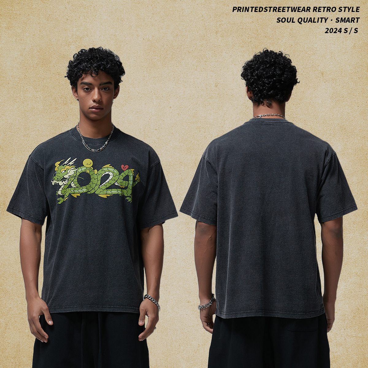 Men's Wear | 2025 New Product China Year of the Loong Printed Wash Round Neck Short Sleeve Street Fashion T-shirt Men