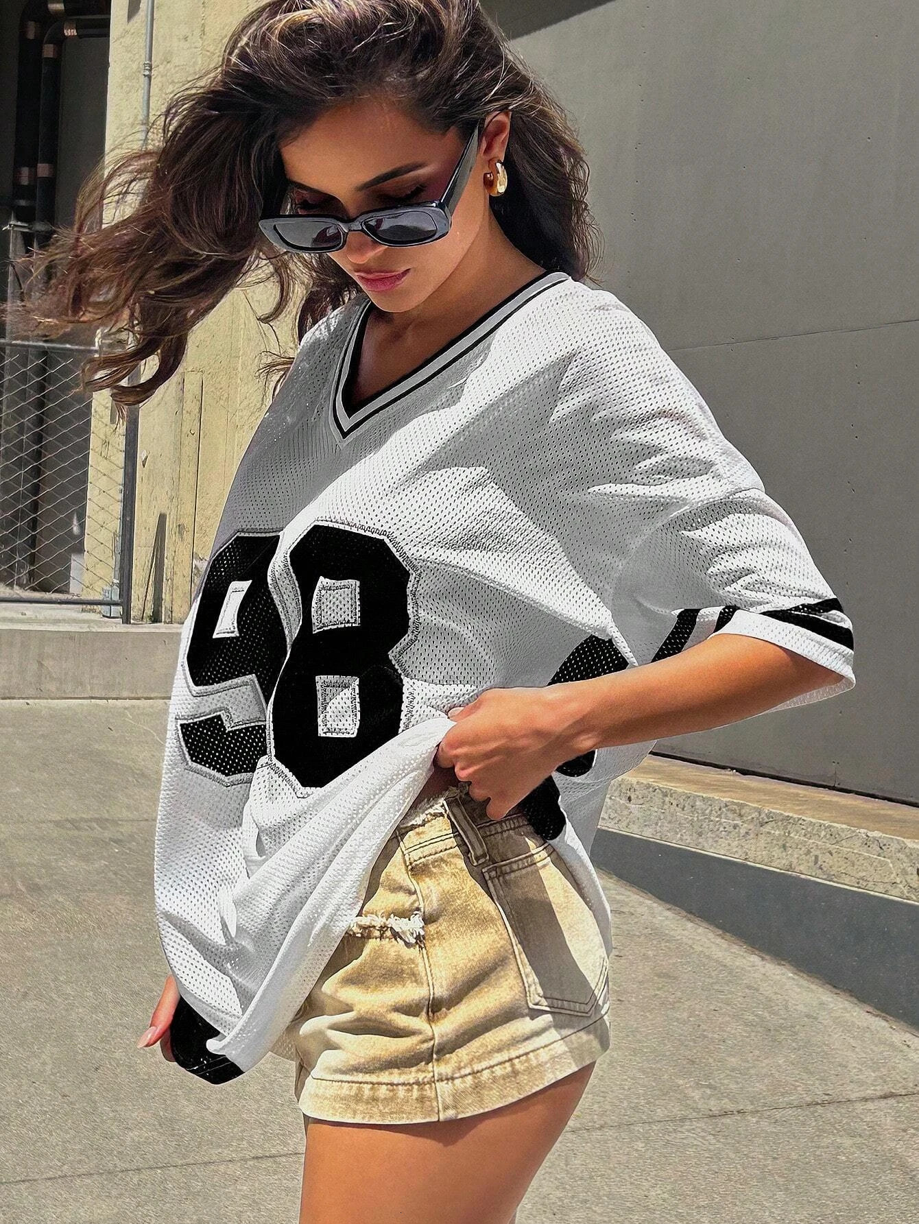 Denimoi womens letter pattern size 98 Vneck loose casual fashion comfortable breathable sports Tshirt short sleeved top 250407