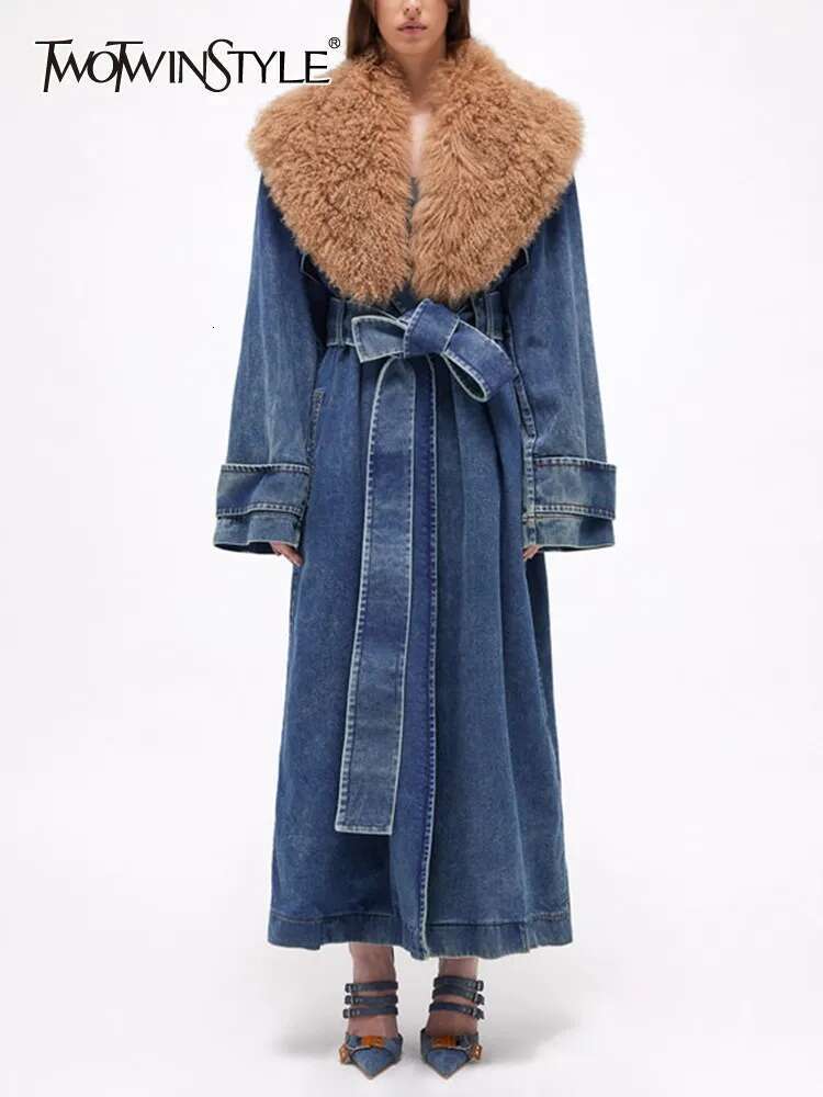 TWOTWINSTYLE Colorblock Patchwork Lace Up Denim Coat For Women Fur Collar Long Sleeve Loose Casual Trench Female Fashion Style
