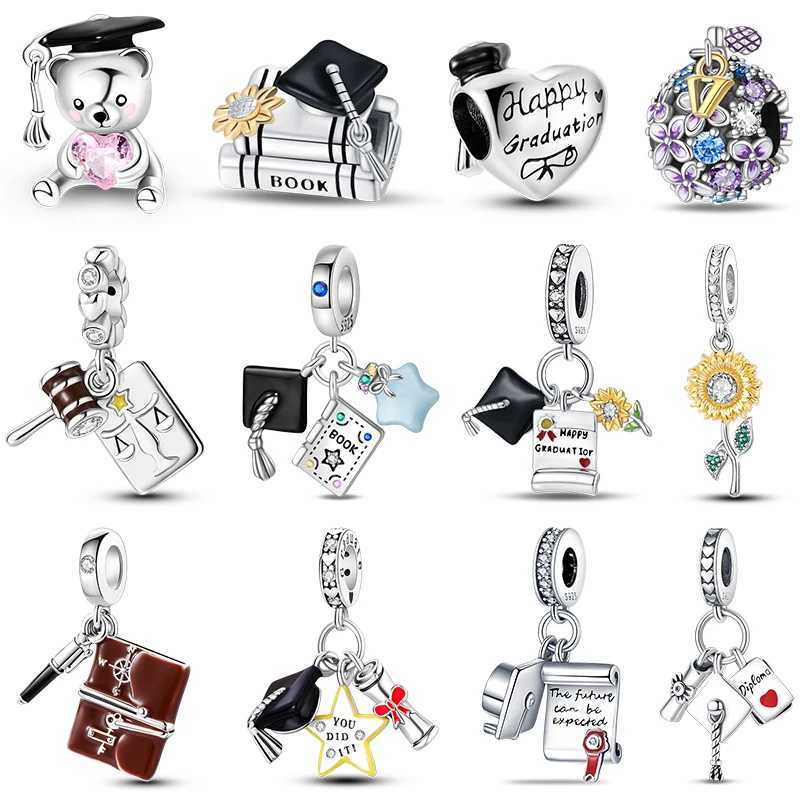 100 925 Sterling Silver Graduation Season Series Owl Bachelors Hat Charms Beads Fit 3mm 925 Original Bracelets DIY JewelryXJ251107