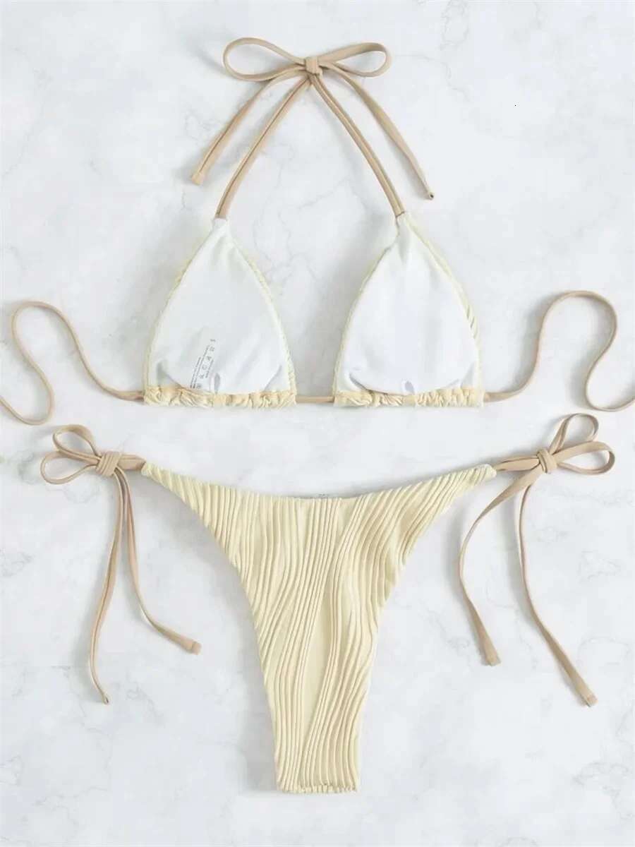 Dongdumaoyi Sexy Tie Side Triangle Bikini Swimwear Women White Orange Cut Out Pleate Micro Bikinis Summer Bathing Suit Push Up