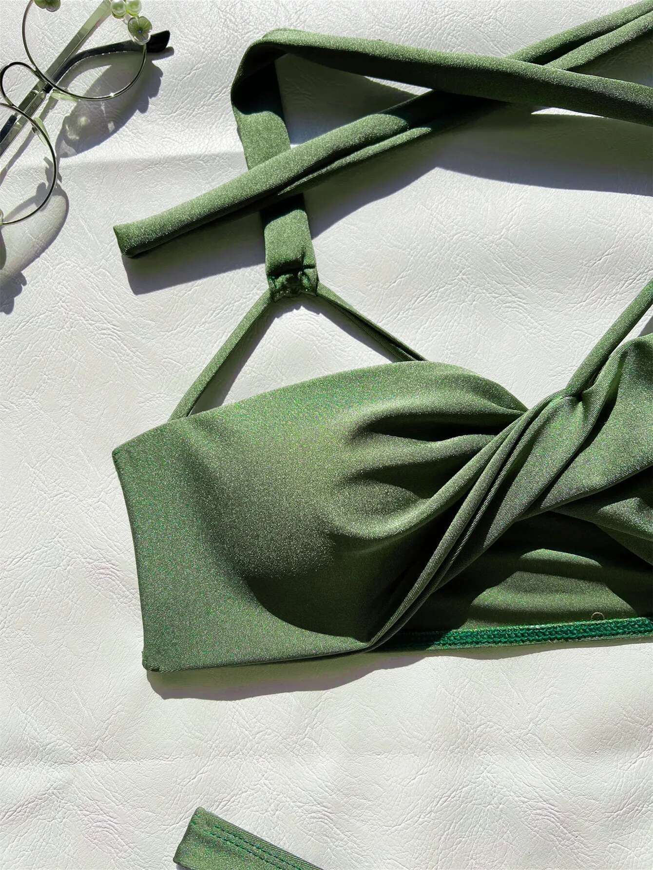 Dongdumaoyi Sexy Green Bikini Women Halter Cut Up Cross Backless Push Pad Swimsuit Beach Bathing Suit Hollow Out High Waist Swimwear