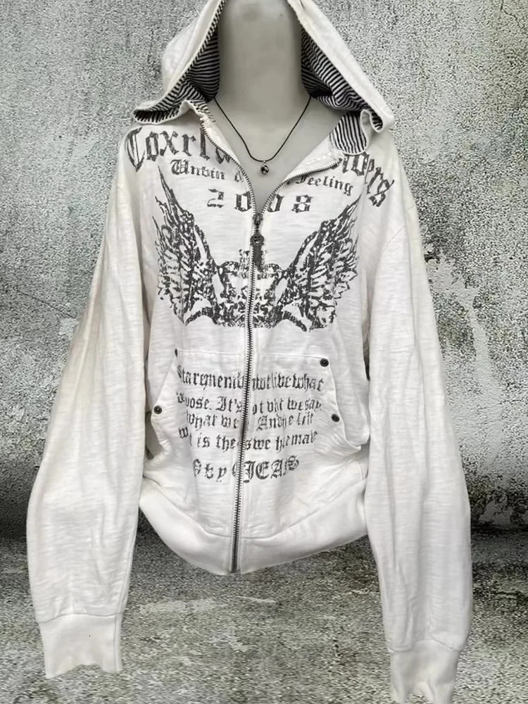 Grunge printing ultrathin waist Y2k hooded sweatshirt zipper retro womens clothing long sleeved top casual fashion 250403