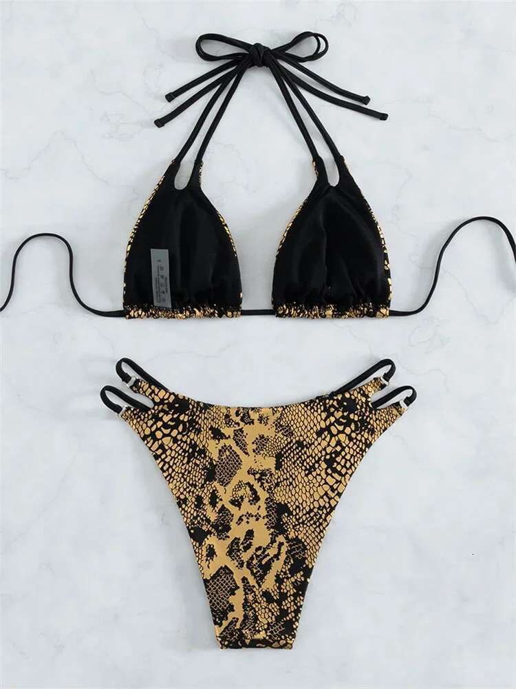 Dongdumaoyi Sexy Gold Snake Print Bikini Women Halter Cut Out Push Up Micro Swimsuit Summer Bathing Suit Lace High Waist Swimwear