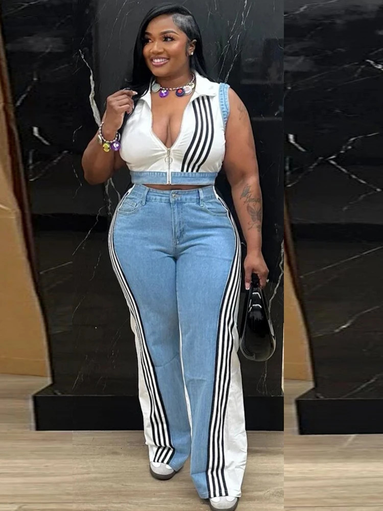 2 Pieces Womens Sets Spring Summer Denim Sleeveless Suit Tops And Wide Leg Pants Suits Two Piece Set Tracksuit Outfit 250407