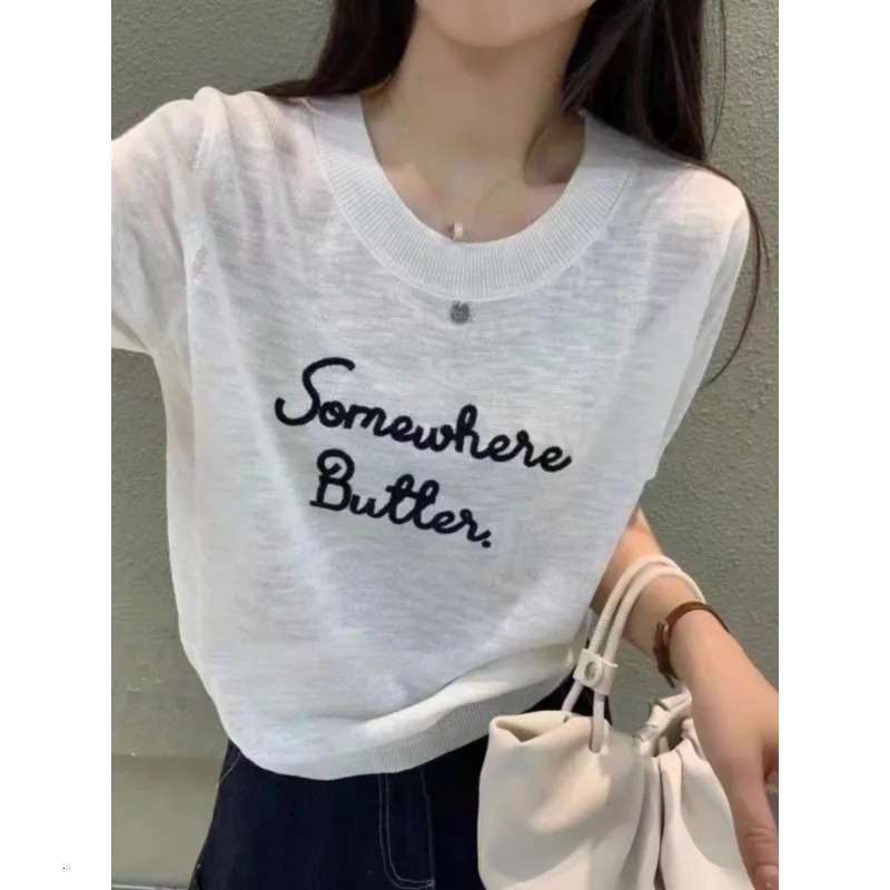 Letter y ice silk knitted short sleeved womens summer shoulder round neck thin top loose Tshirt 250407