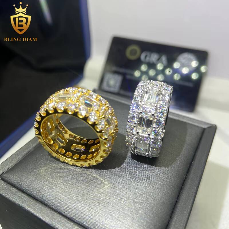 Luxury Full Diamond 925 Silver Ring Men HipHop Emerald Cut Moissanite Rings Iced Out Moissanite Ring GRA Pass Diamond Test Rings
