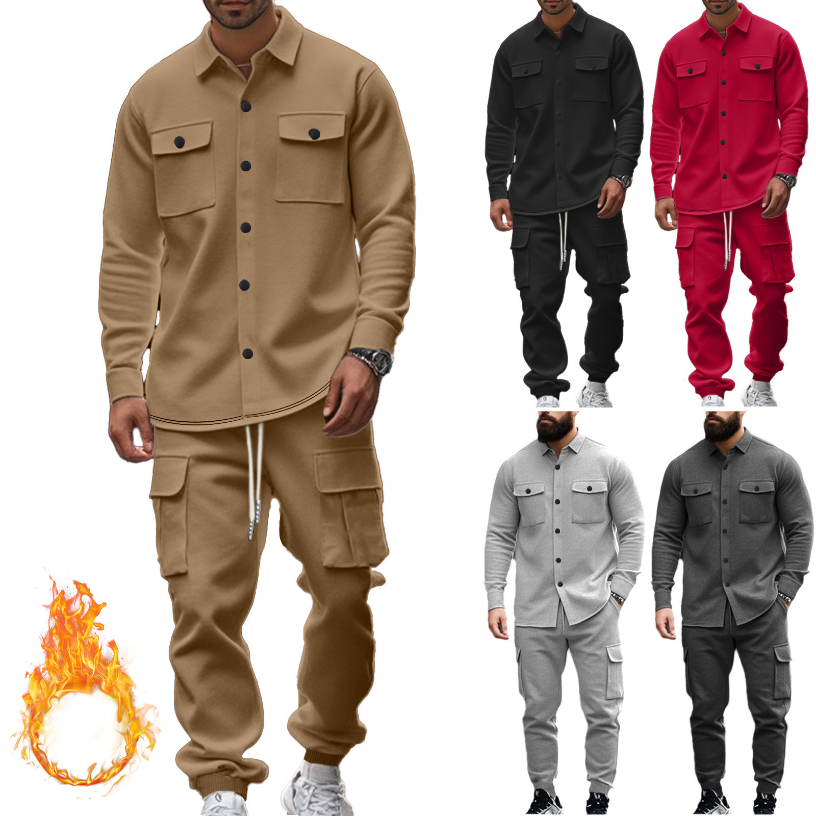 American Style Mens Fleece-Lined Workwear Sweatshirt Set Outdoor Hunting Collar Jacket Loose Warm Two-Piece Set for Men 250819