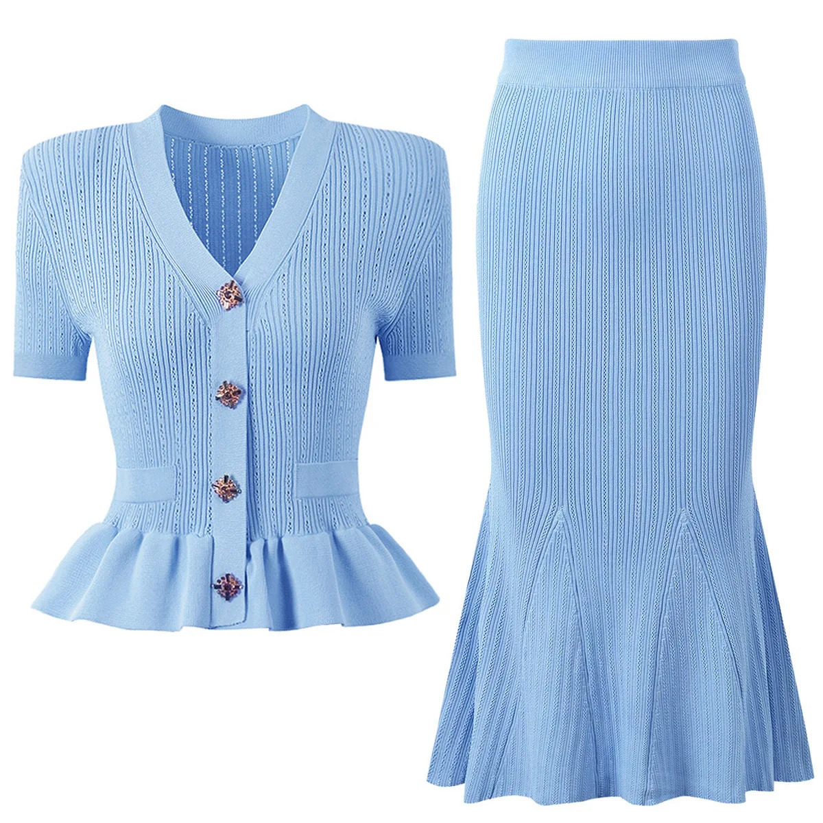 Quality Crytal Summer Knitted Two Piece Set Women Short Sleeve Knitting Cardigan Fishtail Long Skirt Suit 2pcs Outfit Knitwear 251106