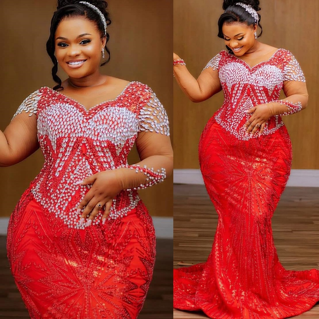 Aso Ebi Red Mermaid Prom Dresses 2026 Crystals Full Sleeves Sequined Evening Formal Party Second Birthday Engagement Gowns Plus Size Dress For Special