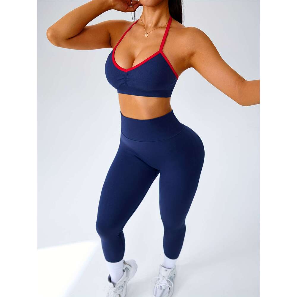 2Pcs Seamless Women's Sportswear Set, Contrast Color Halter Neck Detachable Padded Sports Bra And High-Waisted Butt Lifting Leggings - Soft & Com