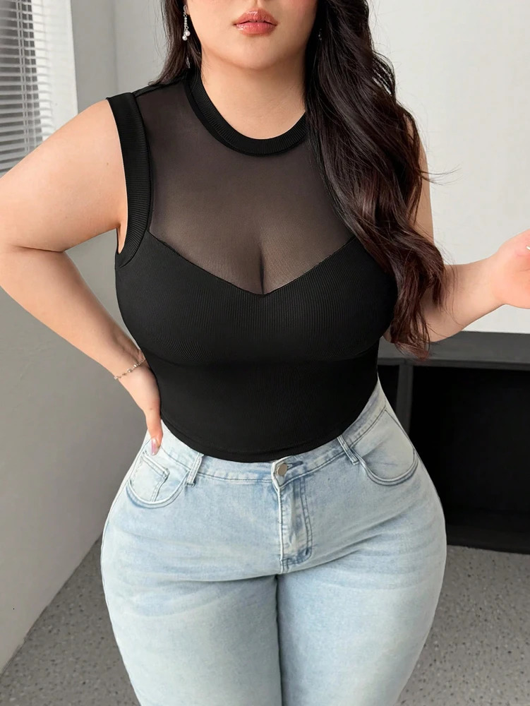Plus Size Womens Summer Sleeveless Round Neck Mesh See Through Sexy Splicing Black Shirt Polyester 250407