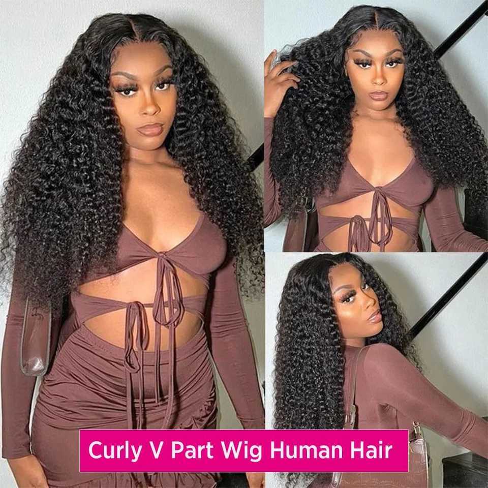 30 Inch Curly V Part Wig Human Hair Brazilian Virgin Human Hair Wig Upgrade U Part Wig Glueless V Shape Wig Natural Black Color W251107