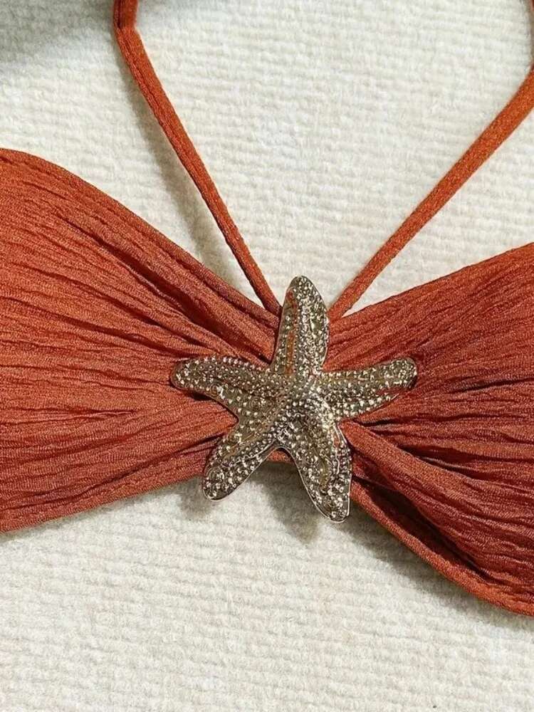 Dongdumaoyi Sexy Metal Starfish Bikinis Set Women Brown Bandeau Push Up Mesh Skirt Piece Swimsuit Beach Bathing Suit Holiday Swimwear
