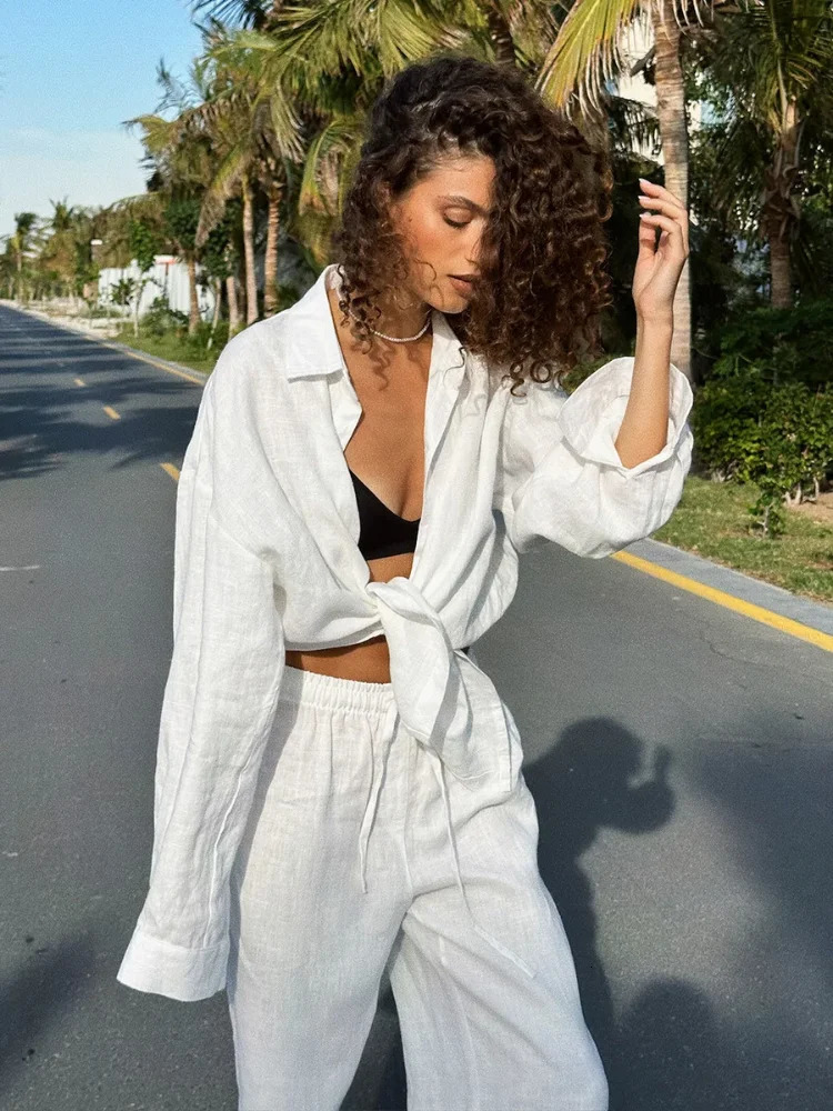 Fashion Cotton Pants Set for Women Lace Pocket High Waist Solid Street 2piece Summer Style 250313