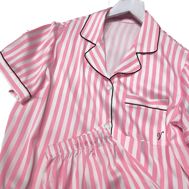 Womens sleepwear set summer 2piece short sleeved top and shorts synthetic silk satin soft stripe printed home clothes 250313