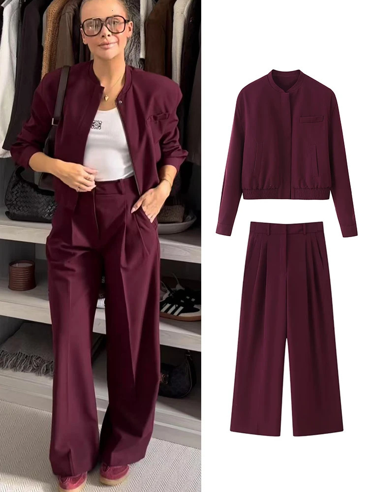 TFMLN Fashion Womens Bomber Jacket Pants Set Spring Shoulder Strap Zipper Solid Coat Full Wrinkled Street Clothing 250407