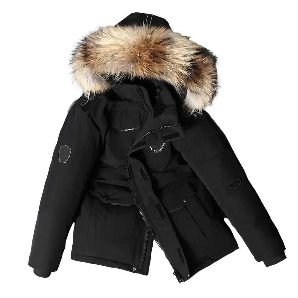 Warm Hooded Down Coat Mens Jacket with Faux Fur Trim Multiple Pockets Zipper Placket OutdoorT251107