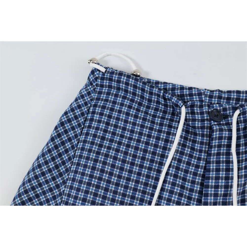 Plaid Spliced Casual Pants Mens High Street Drawstring Elastic Waist Loose Wide Leg Trousers Men