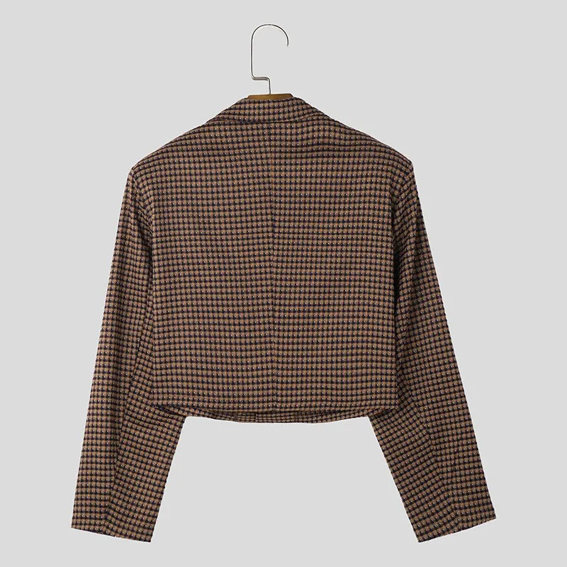 Mens Streetwear Plaid Jackets Solid Color Lapel Long Sleeve Loose Male Crop Coats Fashion Casual Retro French 250313