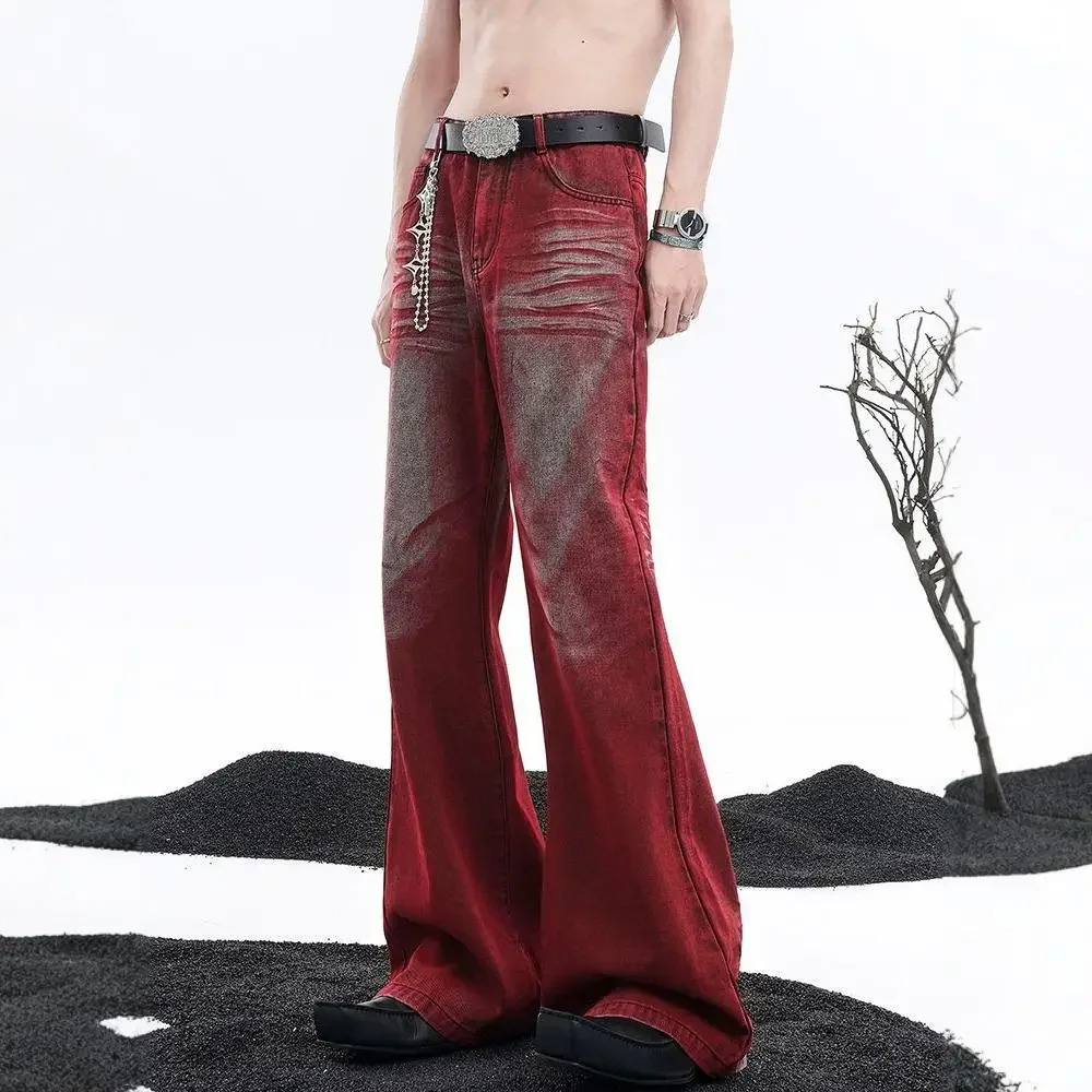 Retro American ankle red mini flame jeans suitable for both men and women early autumn low waist weight loss loose fitting edging 250313