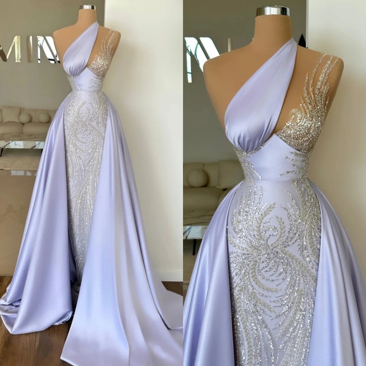 Elegant Evening Dresses Sequins Mermaid Prom Gowns with Detachable Train One Shoulder Customized Sleeveless Sweep Train Princess Formal Occasion Party