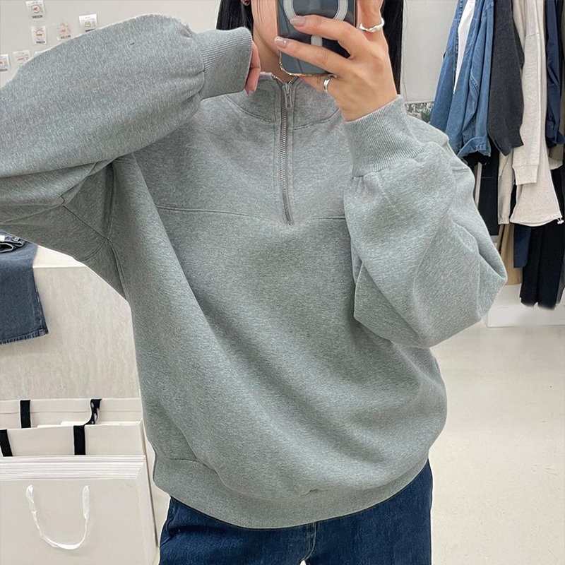 Women's new solid-color sportswear top, versatile gray color, with added insulation, pullover with turned-up collar, half-open front---SSL017