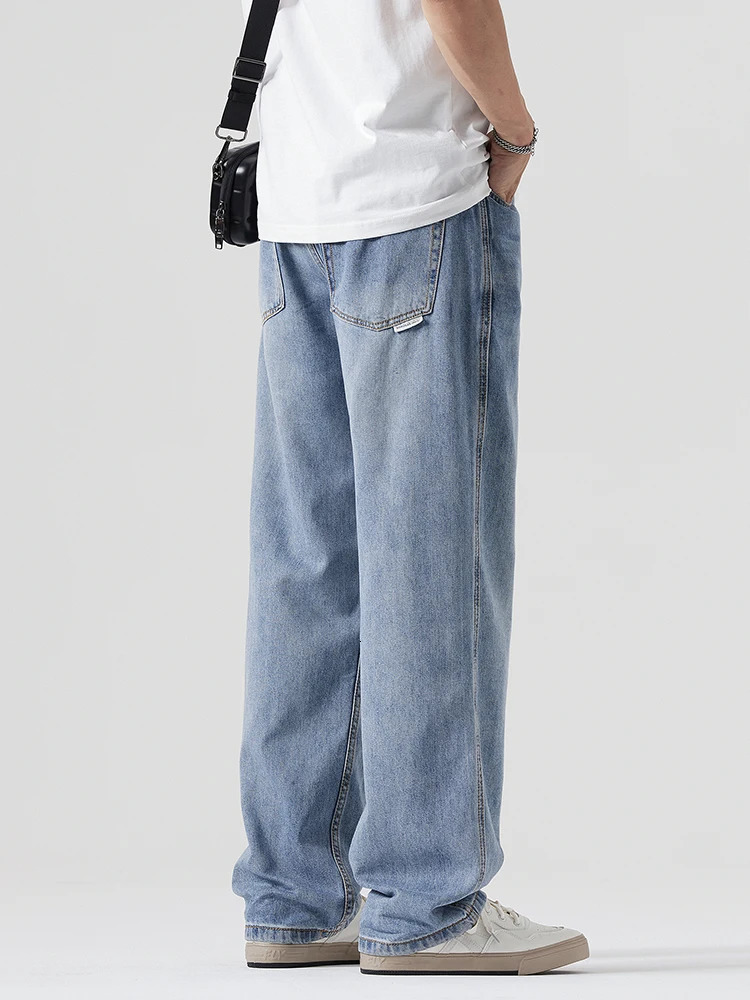 Korean fashion mens casual bag jeans comfortable straight denim wide pants solid color Trouser streetwear 250401