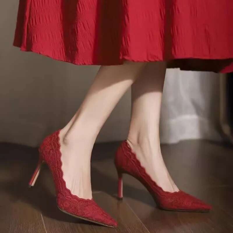 White Wedding Bridal Shoes Design Sense Niche Lace Pointed Stiletto Heel Shallow French High Heels Female Temperament