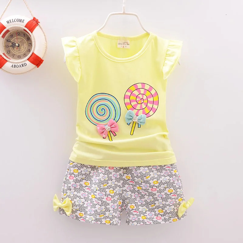 Baby Girls Clothes Sets for Kids T-shirt TopsShort Pants Clothes Sets Toddler Girl Lollipop Printed Summer Infant Clothing Sets 250407