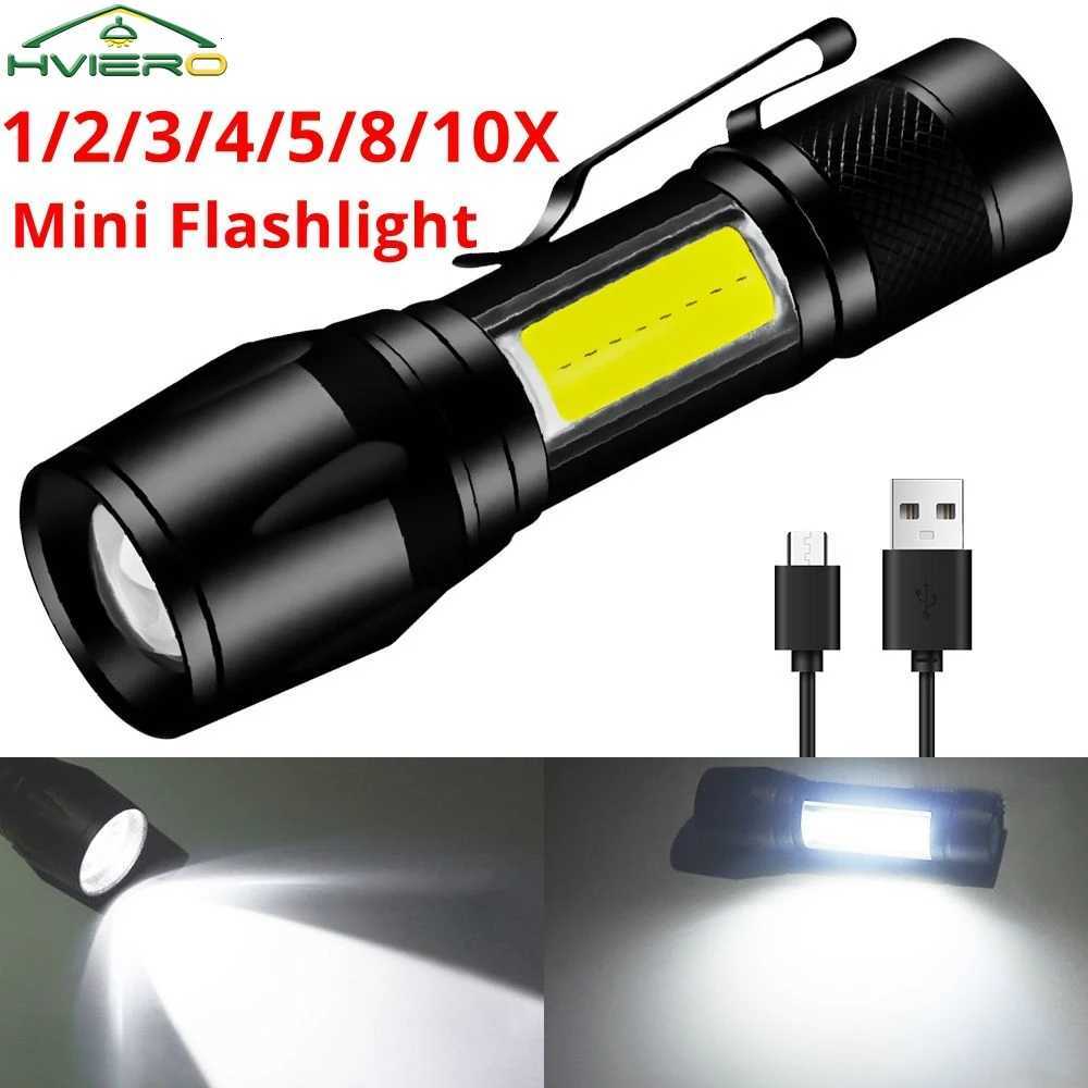 Mini Torch LED Rechargeable Flashlight Portable USB Charging COB Light High Power Bank Camping Waterproof Long Range LanternW251106