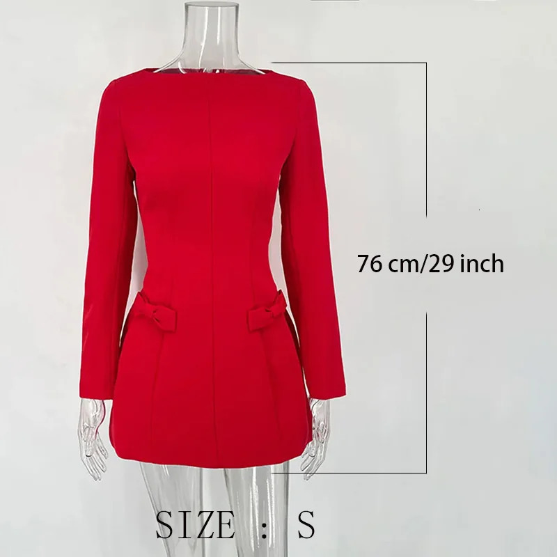 Taruxy Bows Spliced Long Sleeve Mini Dress Elegant Office Womens Solid Body Club Party Dress Autumn High Waist Fashion 250402