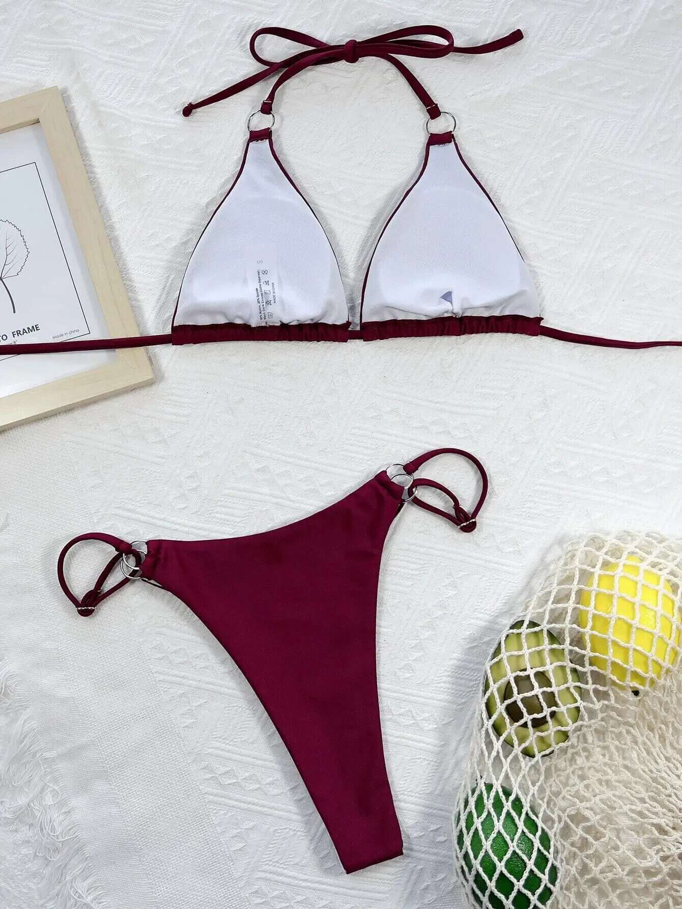 Dongdumaoyi Sexy Micro Bikini Women Brown Wine Metal Ring Linked Push Up Triangle Swimsuit Brazilian Beach Bathing Suit Thong Swimwear
