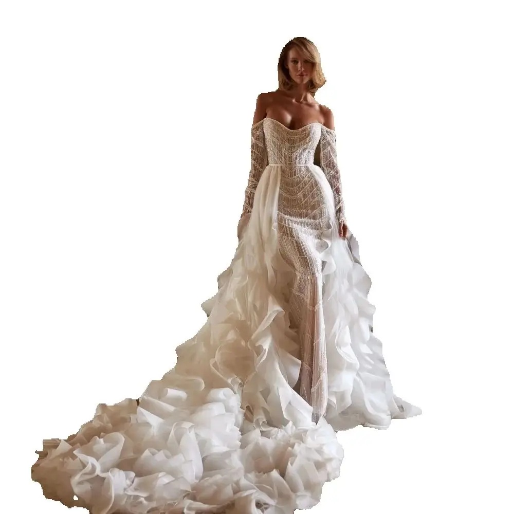 Exquisite Off The Shoulder Mermaid Wedding Dresses Tiered Sequins Lace Dress Bridal Gown Customized Vestido De Novia