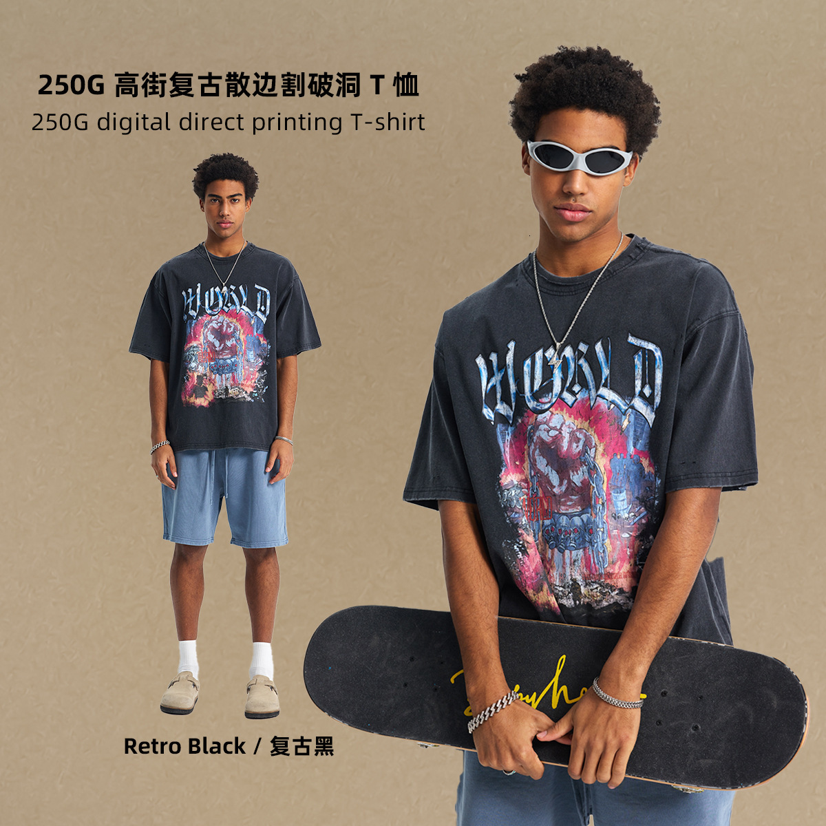 Chain fashion men's clothing | Black distressed printed T-shirt with loose edges, cut holes, washed cotton short sleeved shirt