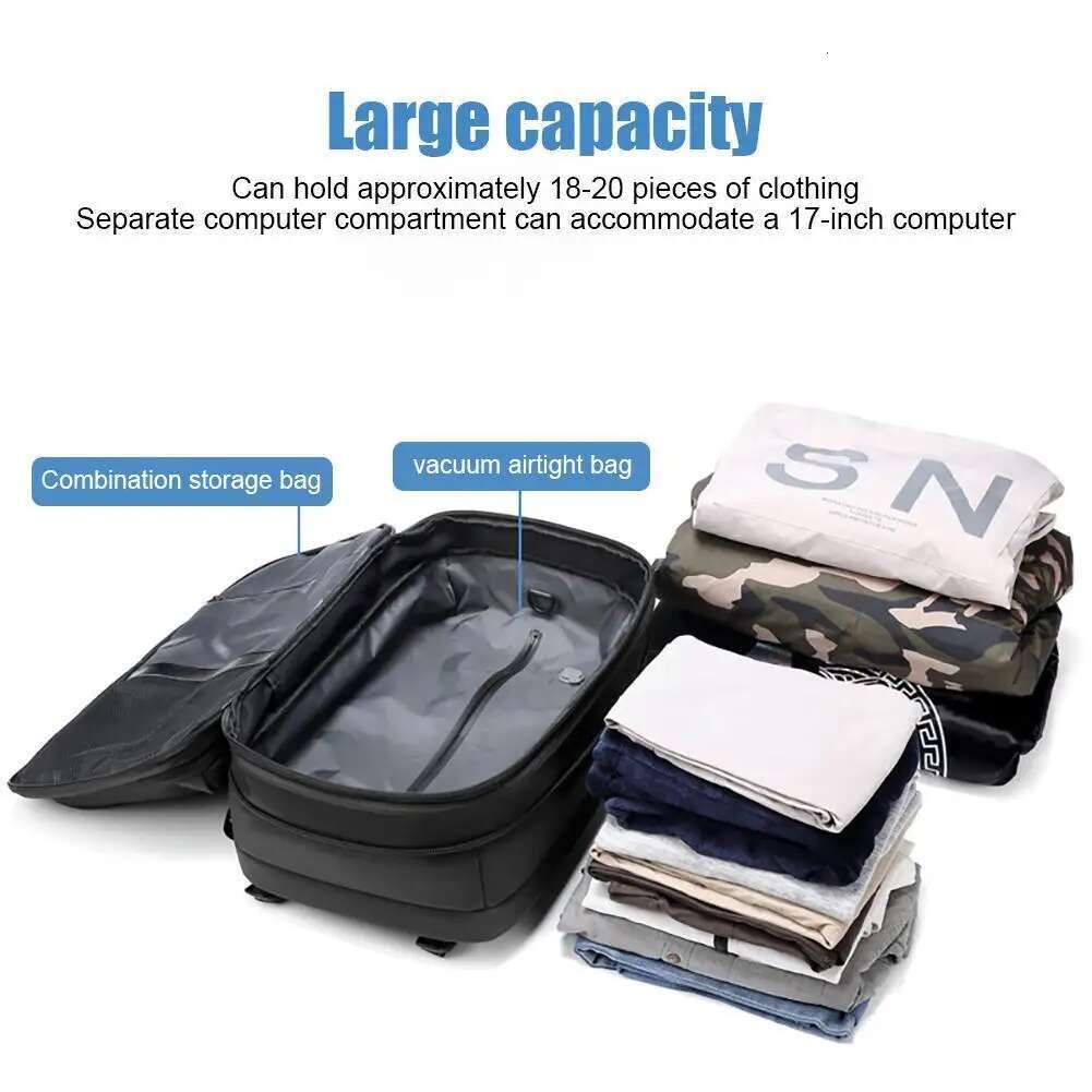Travel Men Business Expandable USB Bag Large Capacity 17.3 Inch Laptop Waterproof Vacuum Compression Backpack