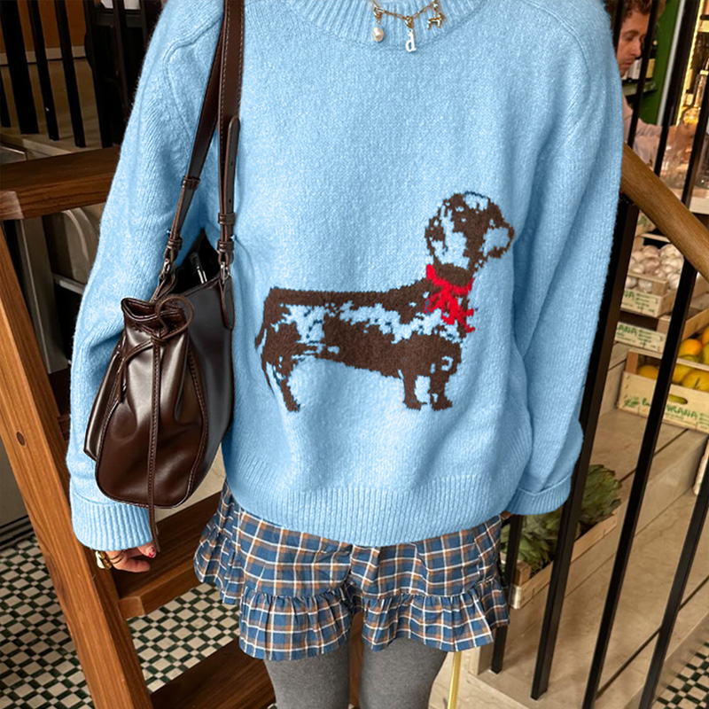 Women's color-block top, round-neck long-sleeve sweater, puppy print, romantic fall and winter best-selling versatile, Valentine's Day outfi