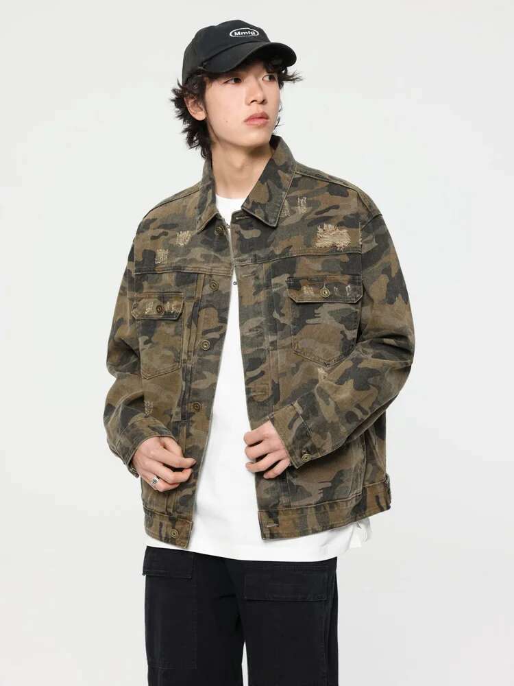 Camouflage Pure Cotton Men Streetwear Fashion Hip Hop Loose Casual Vintage Hole Denim Varsity Jacket Cowboy Coat