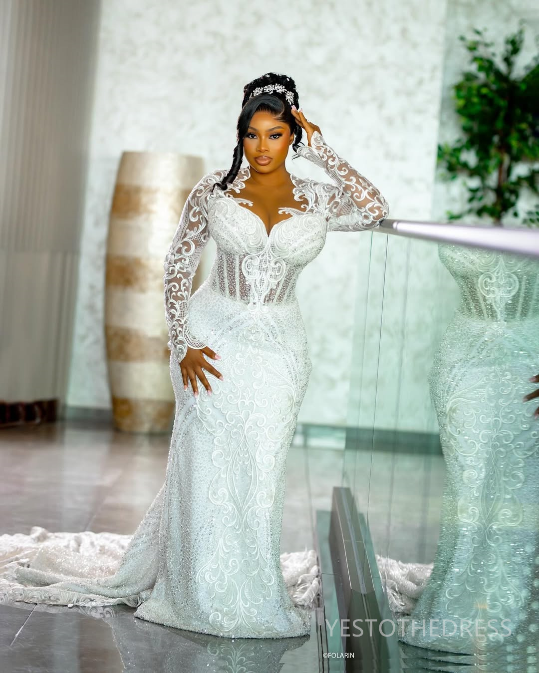 2025 Plus Size Mermaid Wedding Dress For Bride Bridal Gowns Long Sleeves Sheer Neck Long Sleeves Beaded Lace Tiered Tulle Wedding Gowns For African Bl