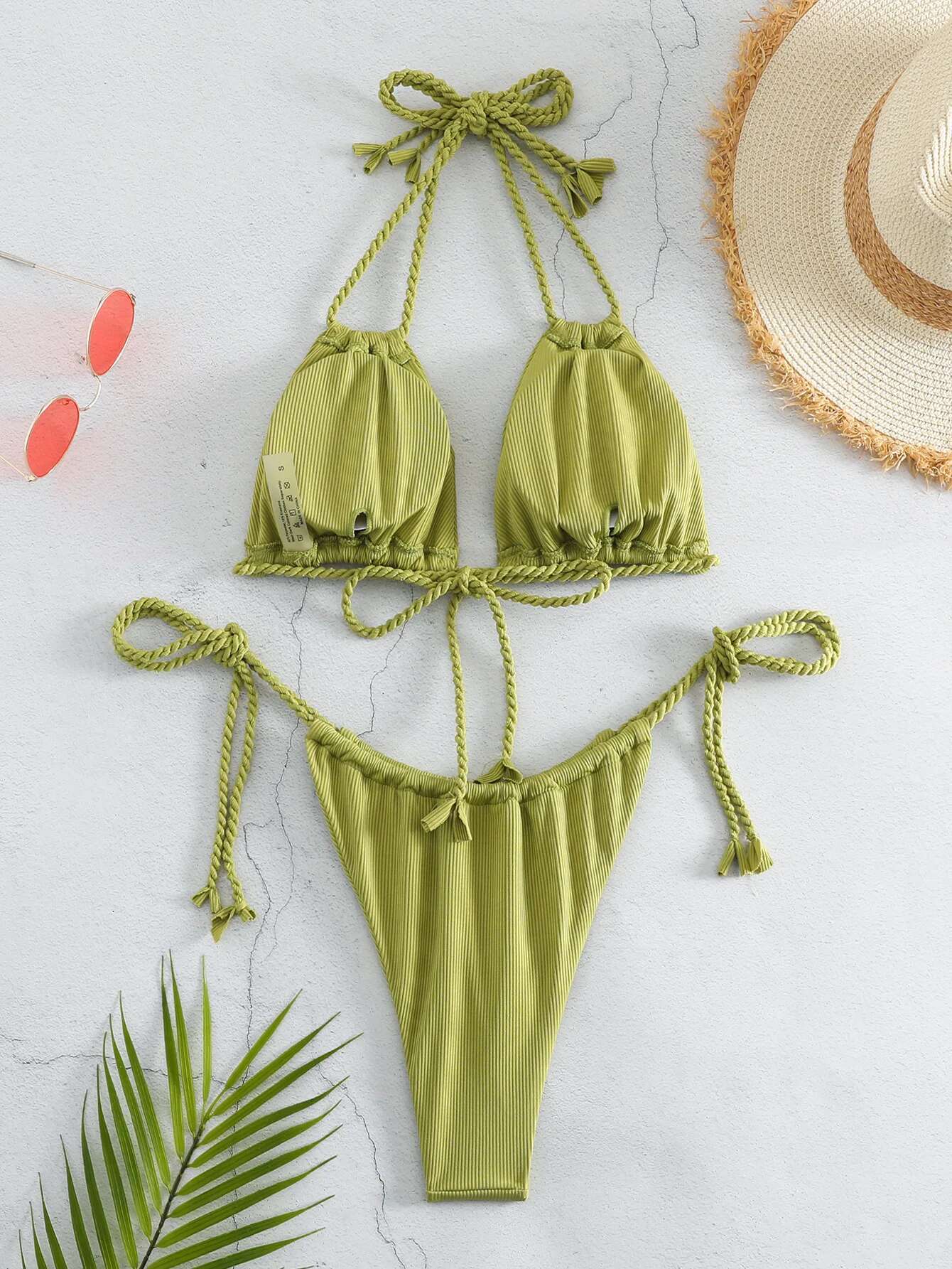 Dongdumaoyi Sexy Double Strap Bikini Women Green Push Up Tassel Bandage Thong Swimsuit Summer Bathing Suit Triangle Swimwear Biquini