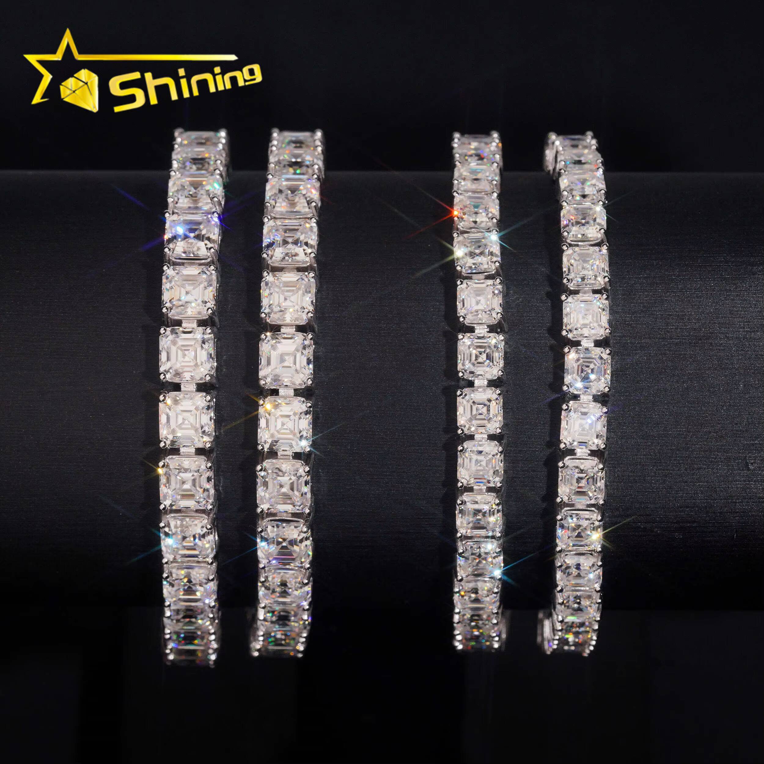 New Stocks 925 Silver Rhodium Plated Men Women Tennis Bracelet Hip Hop 5mm 6mm Asscher Cut Moissanite Diamond Bracelet