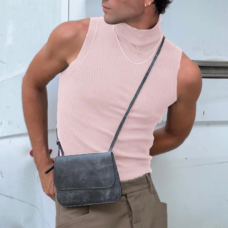 Mens sexy tight solid color vest top high neck sleeveless gym casual vest party basic shirt S-3XL 250403