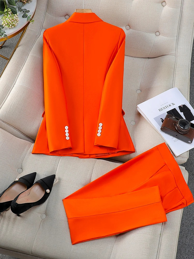 Autumn Winter Women Vest Blazer and Pant Suit Pink Navy Orange Office Ladies Business Work Career Wear Formal 3 Pieces Set 250401