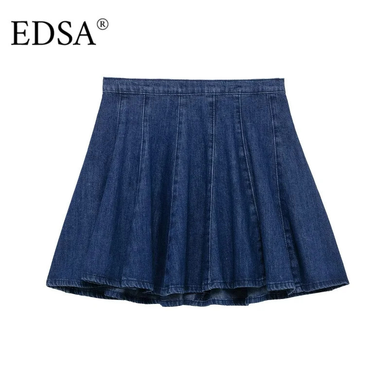 EDSA Women Blue Denim Mini Skirt Mid-waist Metal Back Zip A-line Female Y2K Solid Color High Street Short Skirt 250407