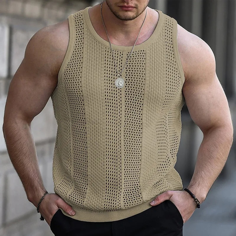 American style mens solid hollow O-neck casual vest street clothing selling sleeveless vest 250403